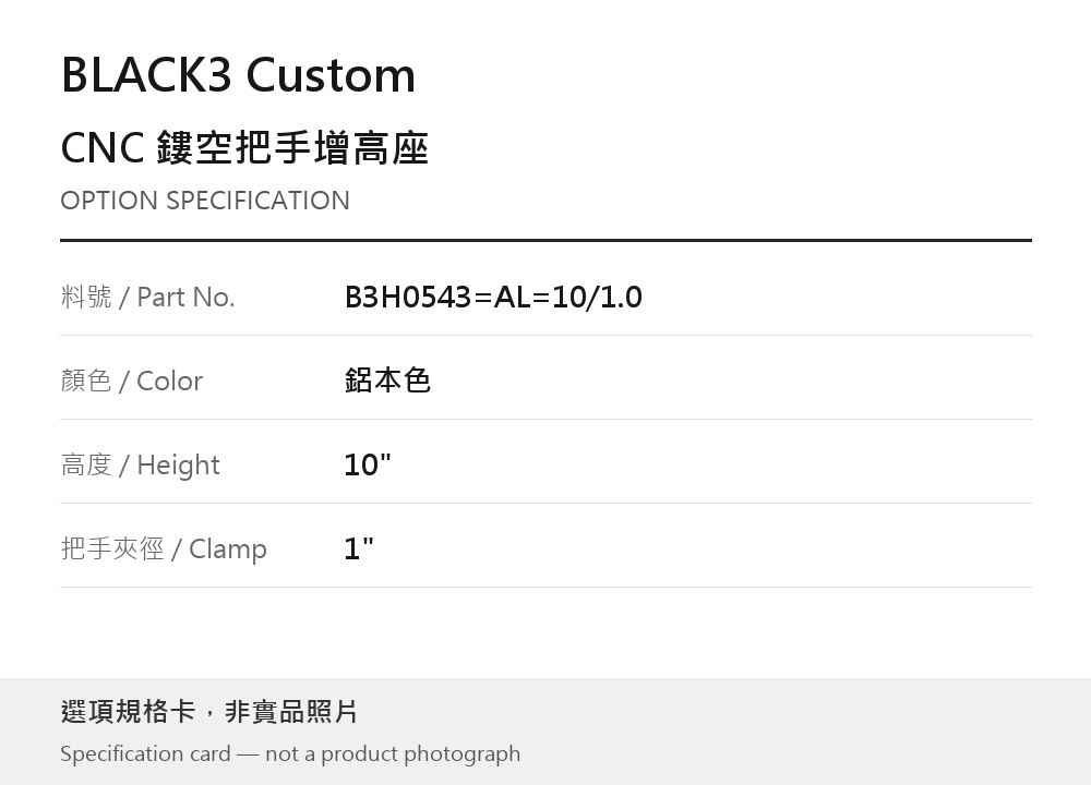 BLACK3 Custom B3H0543=AL=10/1.0 鋁本色 / 10" / 1" 選項規格卡，非實品照片