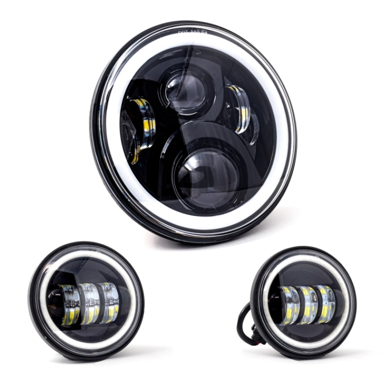 Letric Lighting 7 吋 全環光圈 黑色 LED 頭燈 附 (2) 4.5 吋 全環光圈 黑色 輔助燈｜LLC-LHK-7BH
