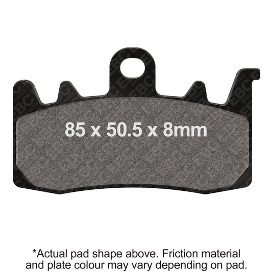 EBC FA630 系列煞車來令片外形尺寸圖，85 × 50.5 × 8 mm；摩擦材質與背板顏色依型號而異