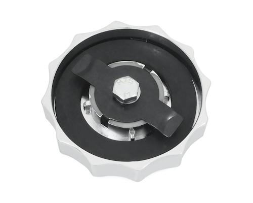 Neofactory 002695 chrome scalloped cam-type fuel cap, right, underside mounting interface