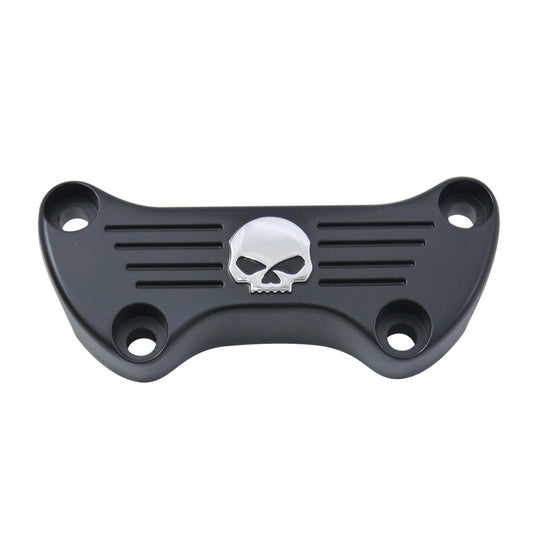MotoTown Skull Handlebar Top Clamp with Long Skirt - Black / Chrome for 1974+ FX / FXR / FLH / FXST - FG-100088