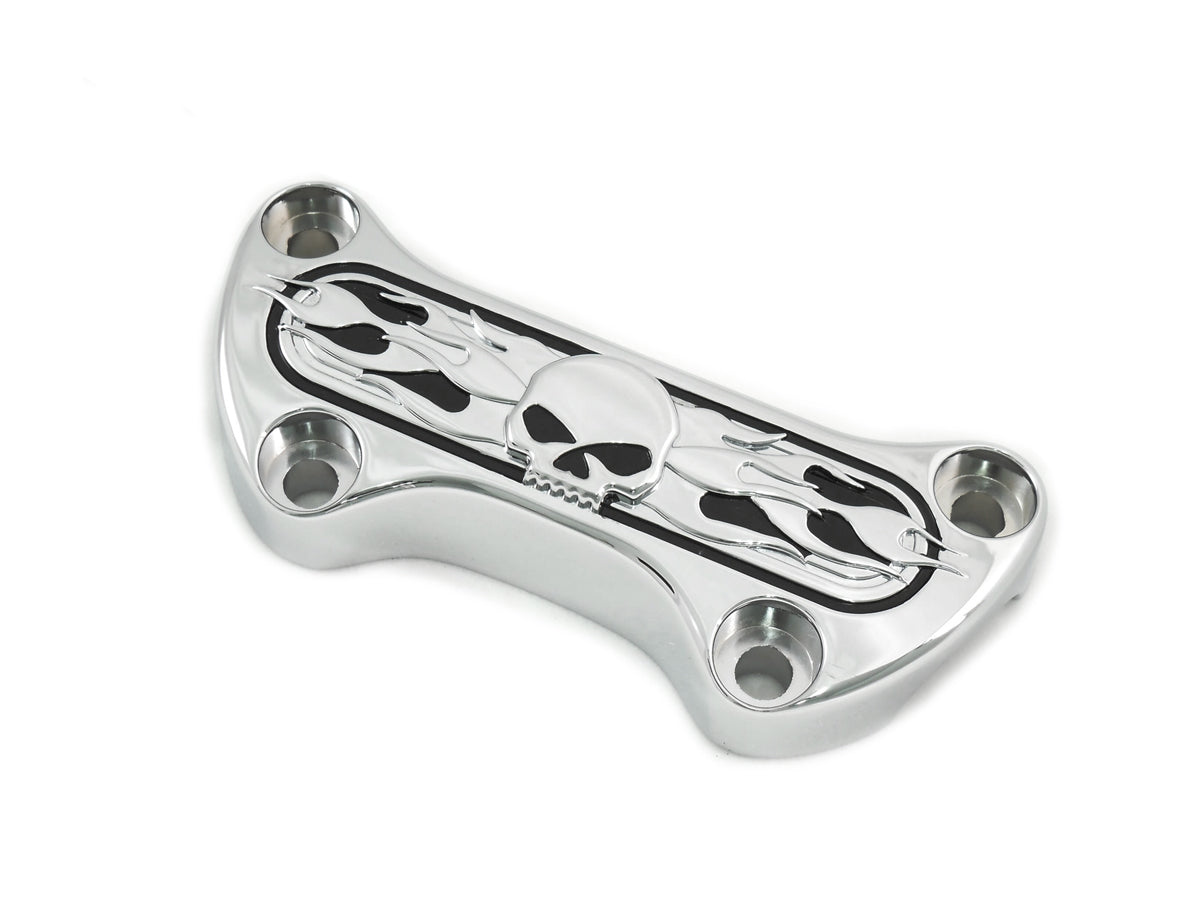 MotoTown Skull-and-Flame Handlebar Top Clamp without Skirt - Chrome for 1974+ FX / FXR / FLH / FXST
