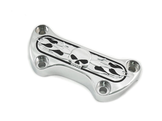 MotoTown Skull-and-Flame Handlebar Top Clamp without Skirt - Chrome for 1974+ FX / FXR / FLH / FXST