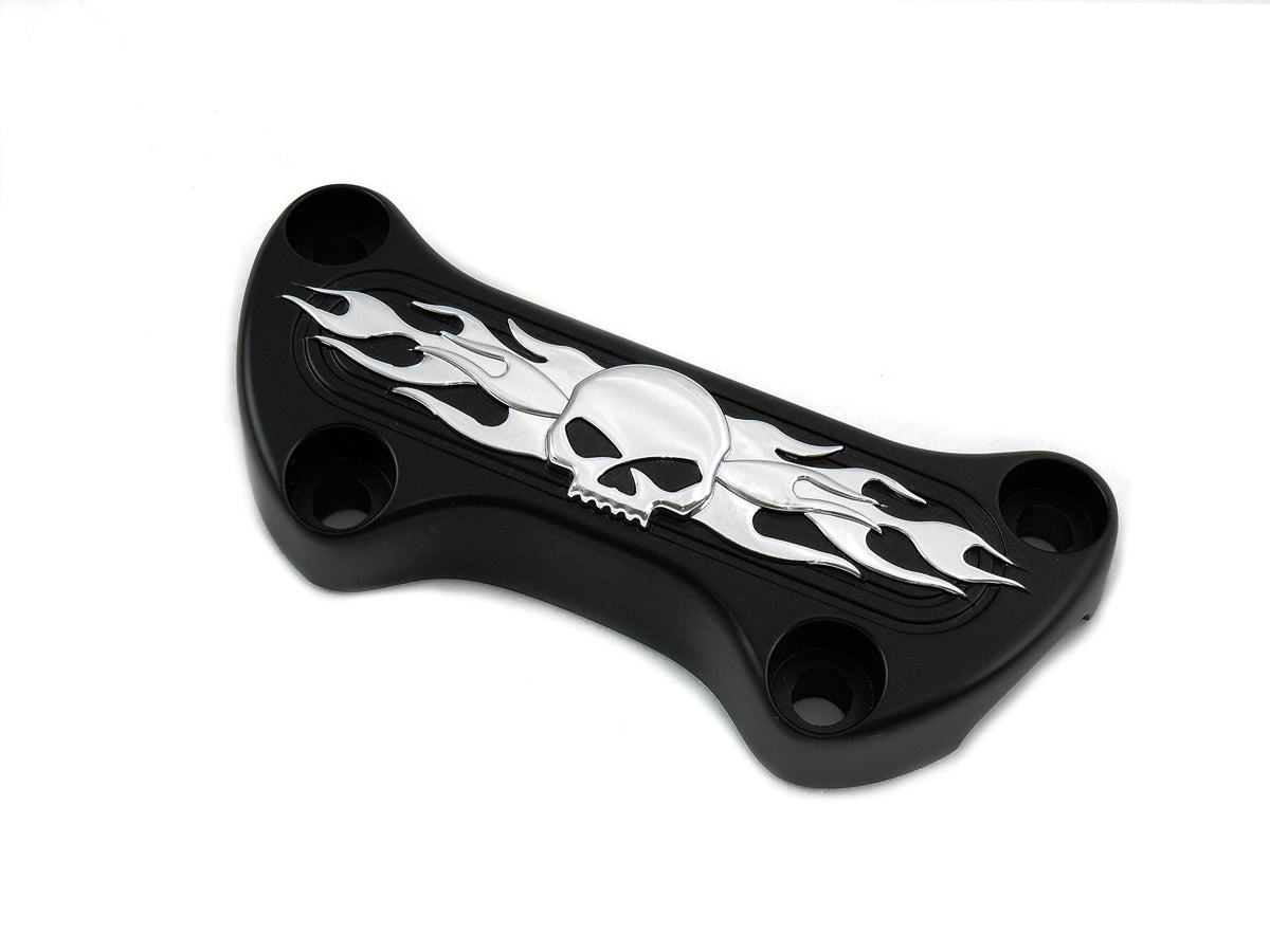 MotoTown Skull-and-Flame Handlebar Top Clamp without Skirt - Black / Chrome for 1974+ FX / FXR / FLH / FXST