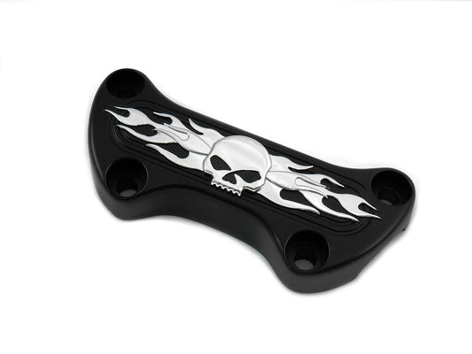 MotoTown Skull-and-Flame Handlebar Top Clamp without Skirt - Black / Chrome for 1974+ FX / FXR / FLH / FXST
