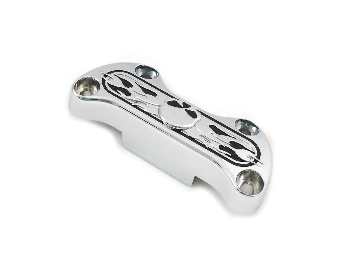 MotoTown Skull-and-Flame Handlebar Top Clamp with Skirt - Chrome for 1974+ FX / FXR / FLH / FXST