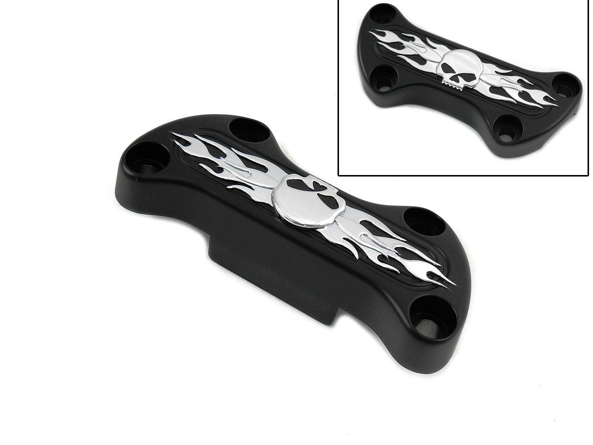MotoTown Skull-and-Flame Skirted Riser Top Clamp - Black / Chrome for 1974+ FX / FXR / FLH / FXST