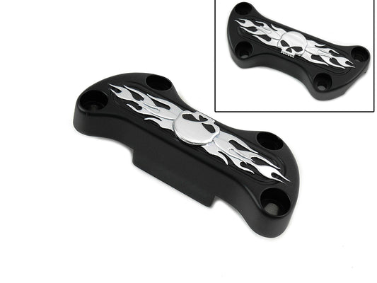 MotoTown Skull-and-Flame Skirted Riser Top Clamp - Black / Chrome for 1974+ FX / FXR / FLH / FXST