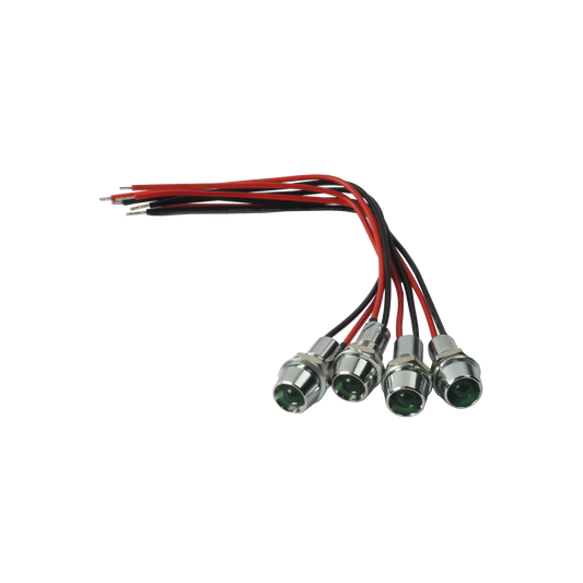 MotoTown 4-Piece 12 V Green LED Indicator Set - 8 mm Mount, Chrome Brass, 10 cm Leads - FG-140019