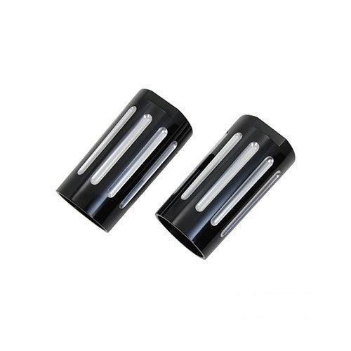 MotoTown CNC Billet Fork Slider Cover Pair - Black / Chrome Strip for 1986-2013 FLT, 1986-2017 FL Softail