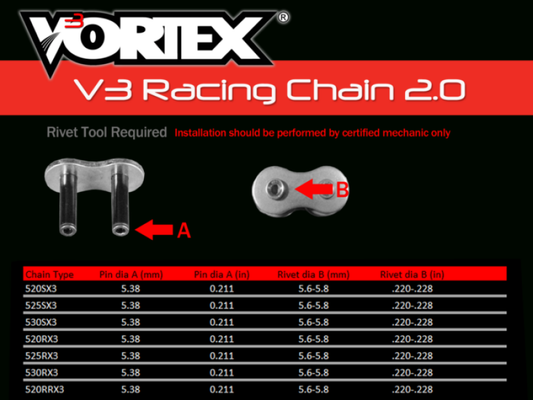 Vortex Racing V3 2.0 Master Link Rivet 525RX3-RCL- 金色｜G525RX3-RCL