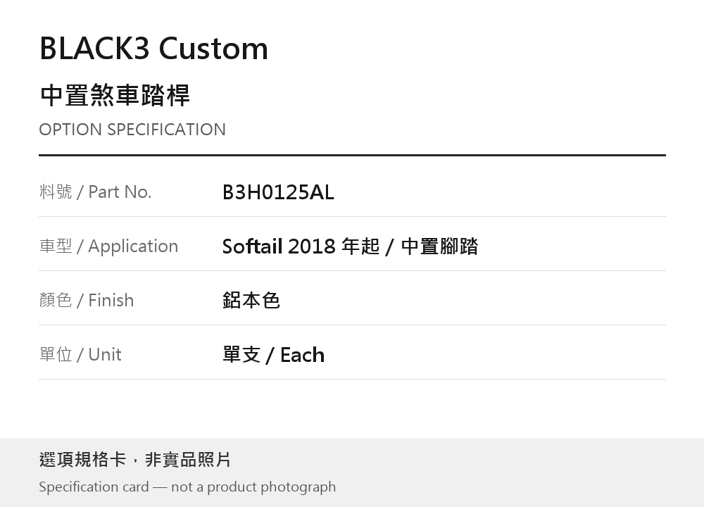 BLACK3 Custom B3H0125AL 鋁本色 選項規格卡，非實品照片