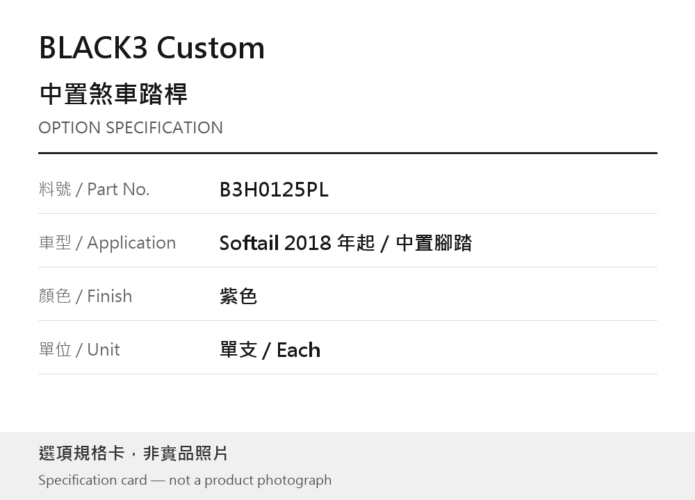 BLACK3 Custom B3H0125PL 紫色 選項規格卡，非實品照片