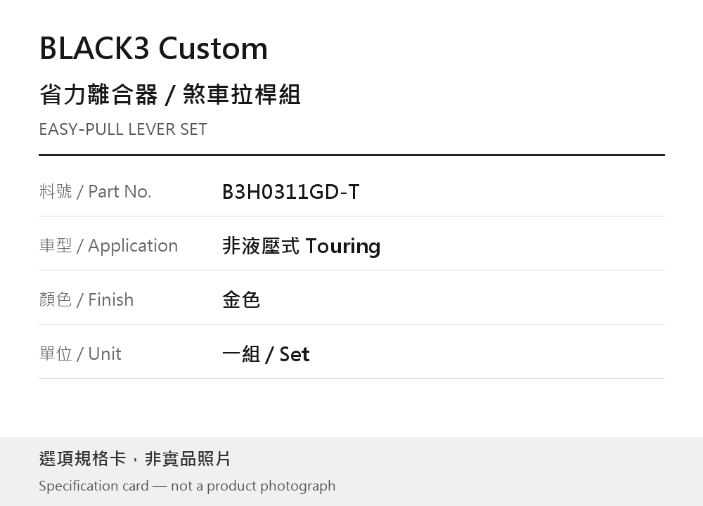 BLACK3 Custom B3H0311GD-T Touring 金色 選項規格卡，非實品照片