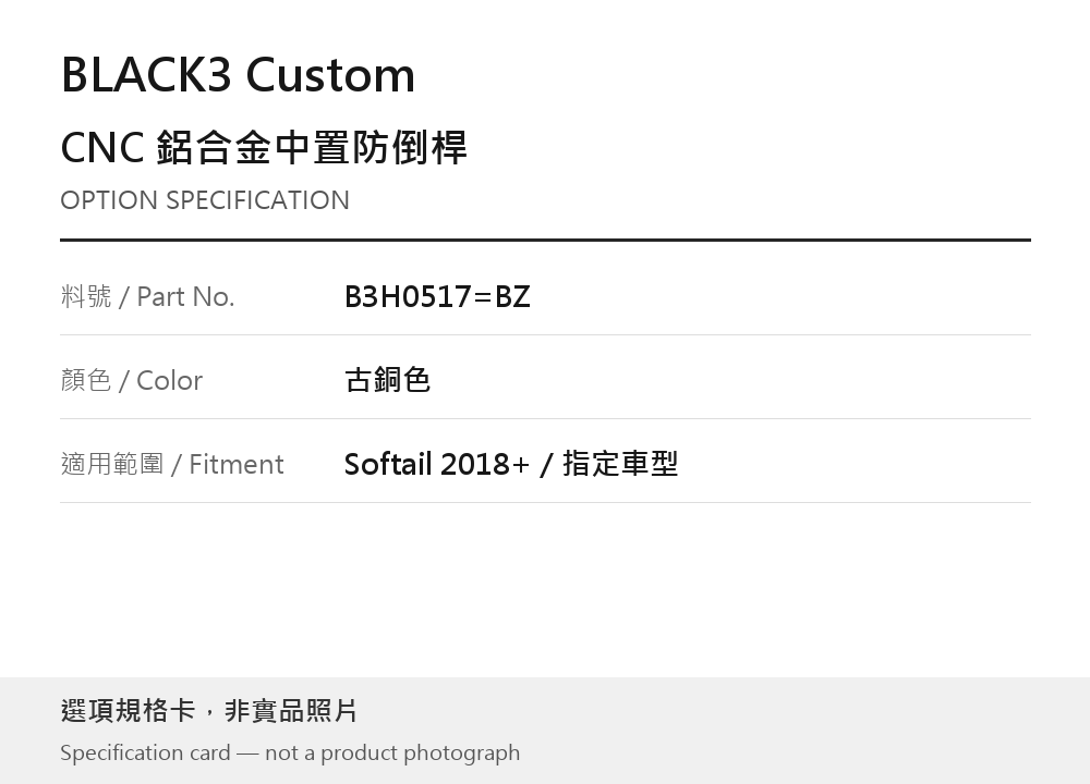 BLACK3 Custom B3H0517=BZ 古銅色 選項規格卡，非實品照片