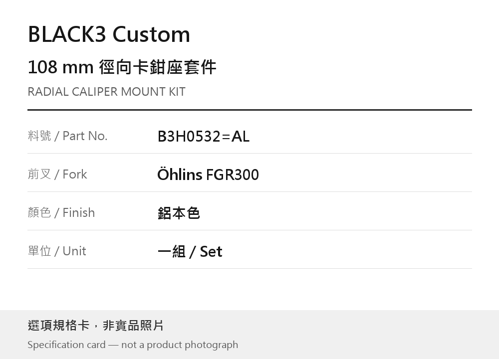 BLACK3 Custom B3H0532=AL 鋁本色 選項規格卡，非實品照片