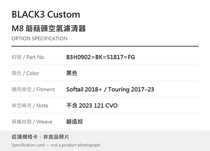 BLACK3 Custom B3H0902=BK=S1817=FG 黑色 / Softail 2018 年起／Touring 2017–2023（不含 2023 121 CVO） / 鍛造紋 選項規格卡，非實品照片