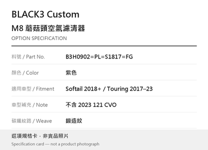 BLACK3 Custom B3H0902=PL=S1817=FG 紫色 / Softail 2018 年起／Touring 2017–2023（不含 2023 121 CVO） / 鍛造紋 選項規格卡，非實品照片
